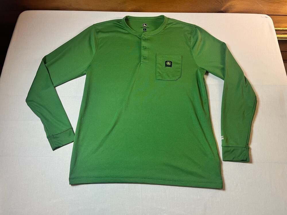 John Deere Men's Green Thermal Waffle Knit Long Sleeve Henley Shirt Size L